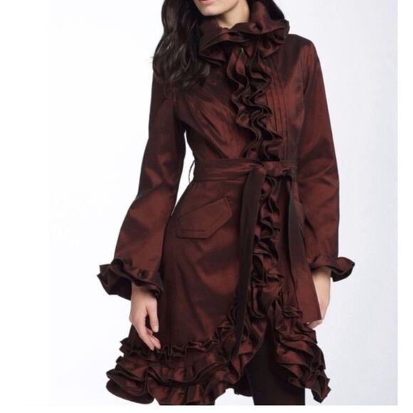 DONS COLLECTION‎ Ruffled GOTHIC Fitted Stretchy Ruffled Trench COAT M Black NWT - Picture 2 of 13